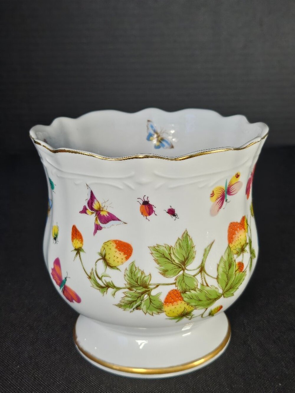 Vintage Ardalt Lenwile Hand Painted Strawberry & Butterfly Pedestal Cachepot